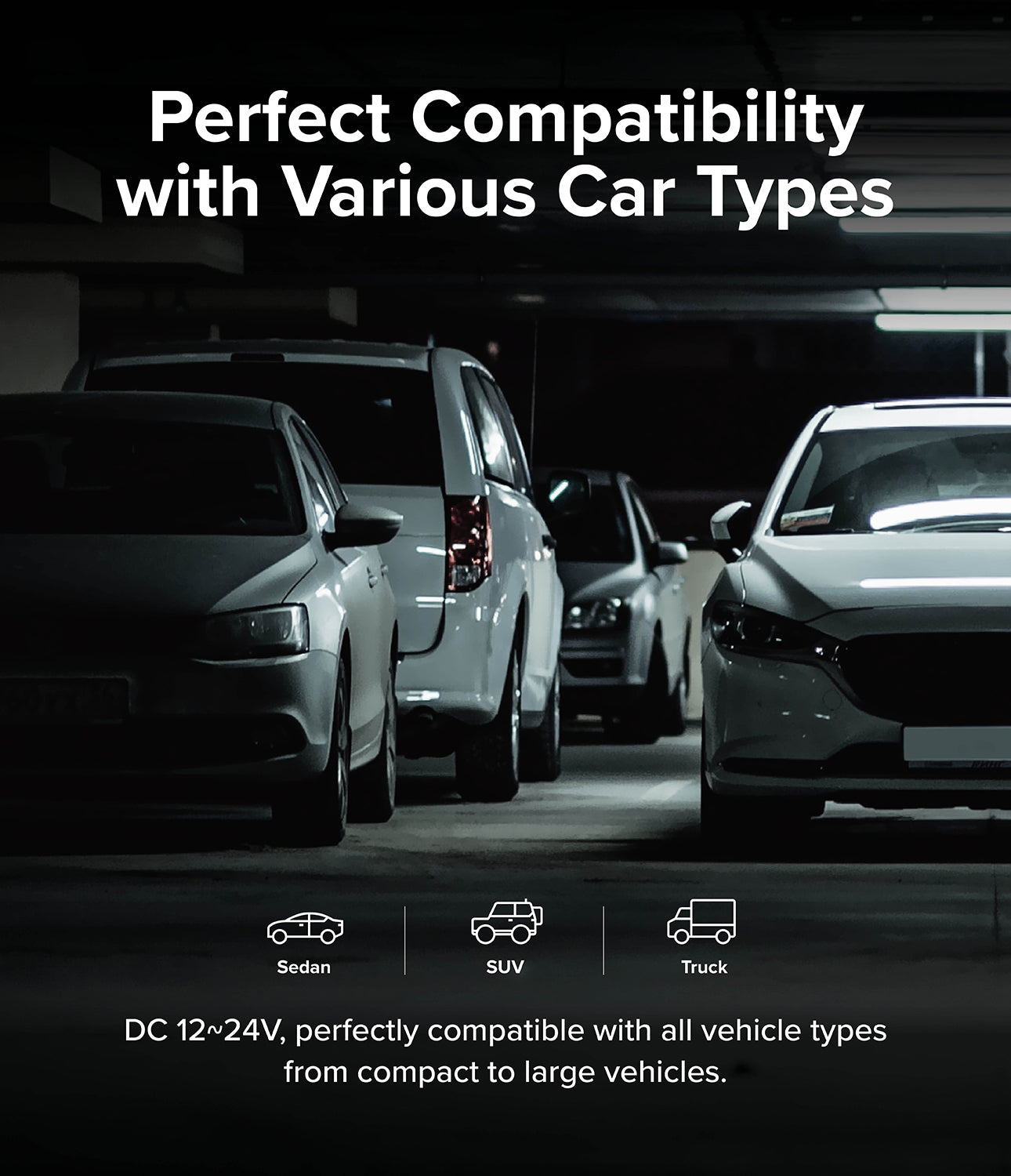 Ringke 3-Port Car Fast Charger - Cars parked in a garage with icons for sedan, SUV, and truck indicating 12-24V compatibility.