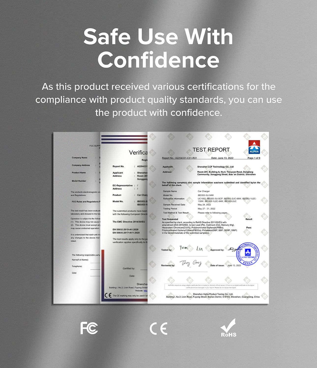 Ringke 3-Port Car Fast Charger - Three official product safety test reports with FCC, CE, and RoHS certification logos.