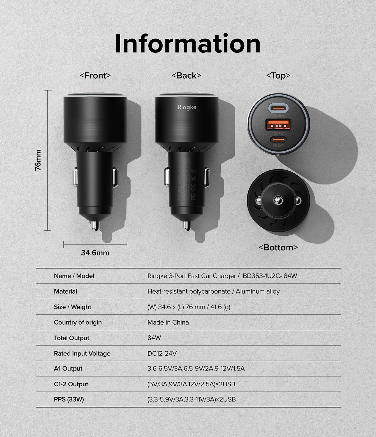 Ringke 3-Port Car Fast Charger - Technical diagram showing front, back, top, and bottom views with dimensions and specifications.