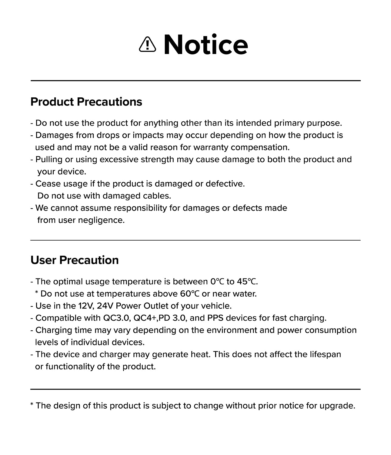 Ringke 3-Port Car Fast Charger - Text document outlining product precautions and user safety guidelines for a car charger.