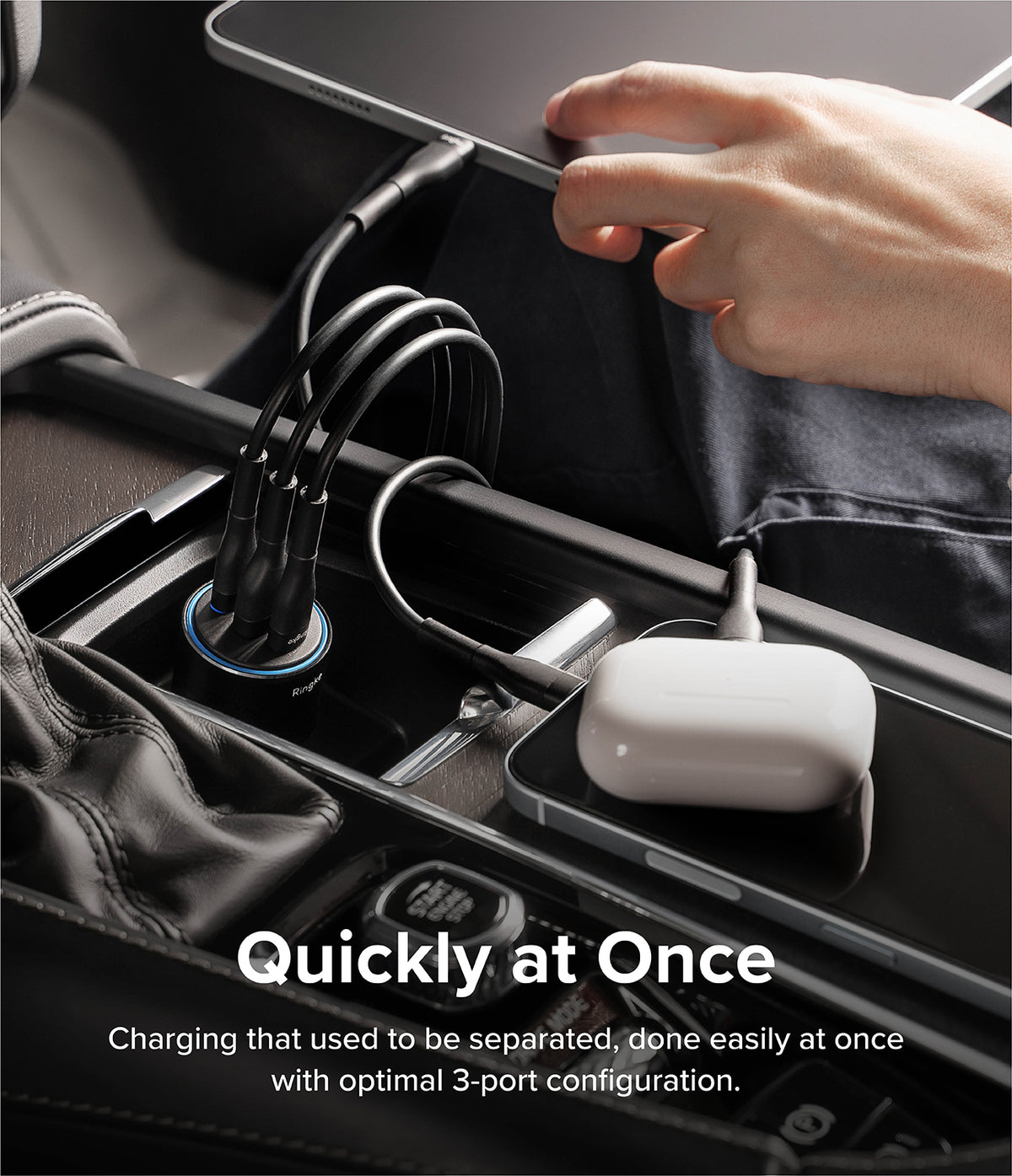 Ringke 3-Port Car Fast Charger - Three cables connected to a car charger, powering a tablet, smartphone, and earbuds.