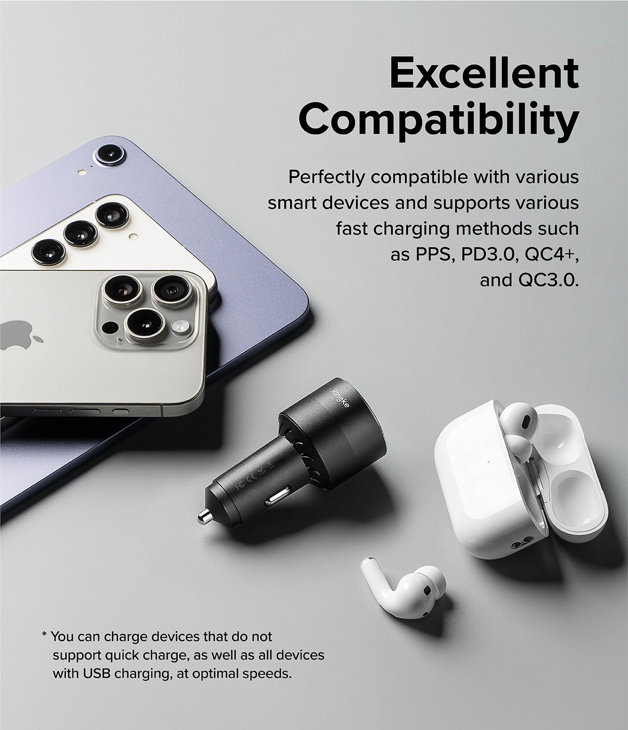Ringke 3-Port Car Fast Charger - A black car charger surrounded by smartphones, a tablet, and wireless earbuds on a gray surface.