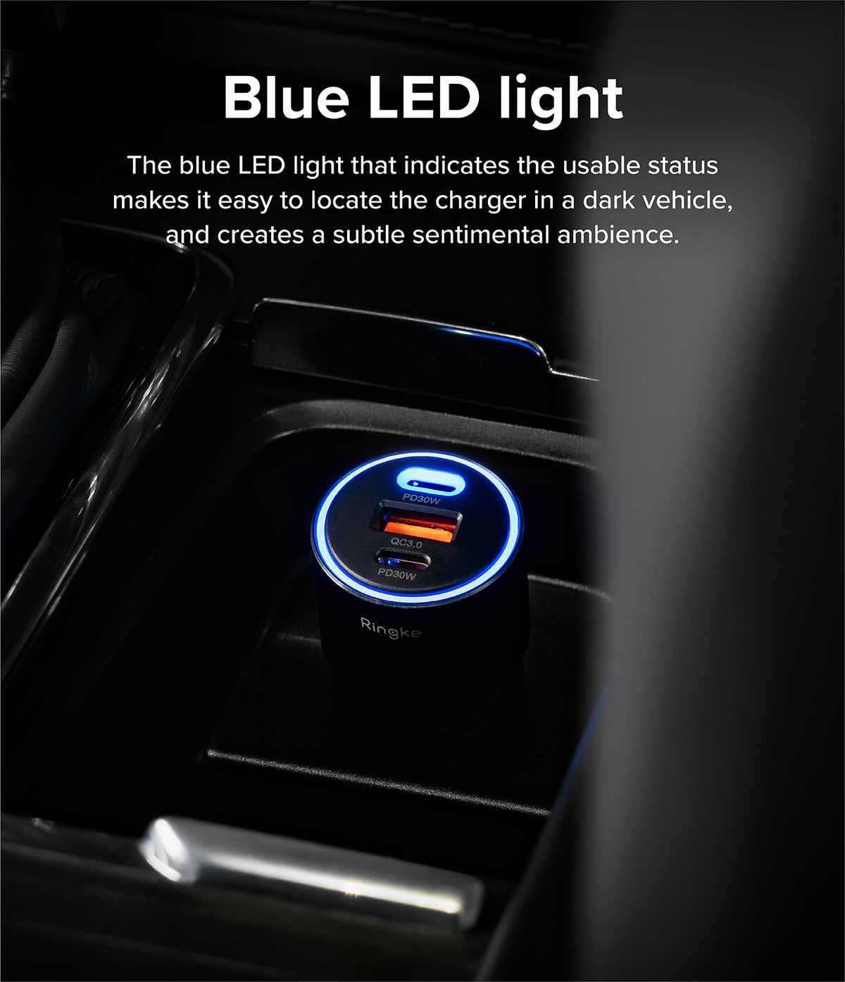 Ringke 3-Port Car Fast Charger - Black car charger with a glowing blue LED ring plugged into a vehicle console.
