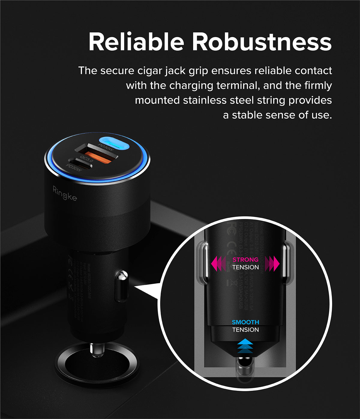 Ringke 3-Port Car Fast Charger - Black car charger with three ports and a magnified view showing its secure grip mechanism.