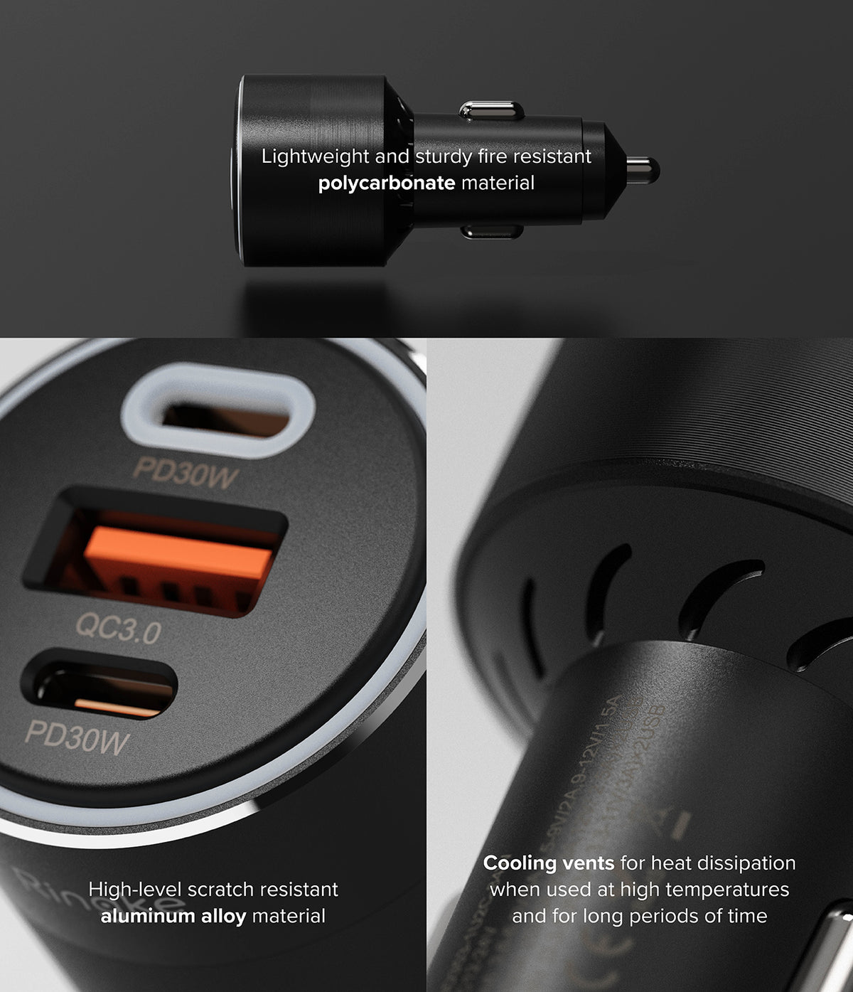 Ringke 3-Port Car Fast Charger - Black car charger with three ports, aluminum alloy body, and integrated cooling vents.