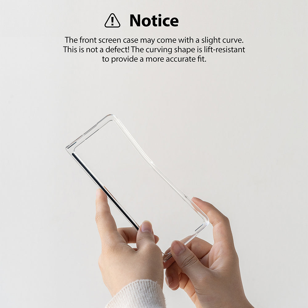 Galaxy Z Fold 3 Case | Slim - Hands holding a clear, slightly curved phone case with a notice about its fit.