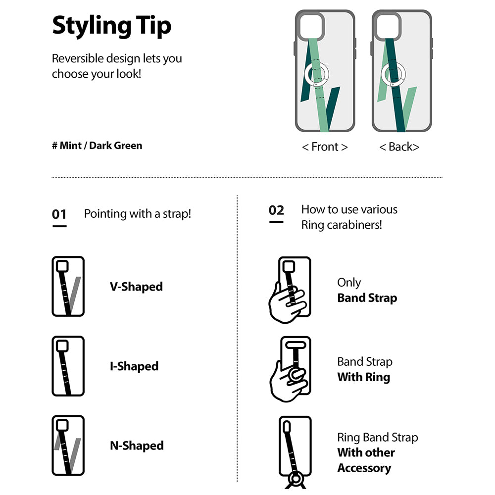 Ring Band Strap - Infographic showing reversible mint and dark green phone strap styles, V/I/N configurations, and usage.