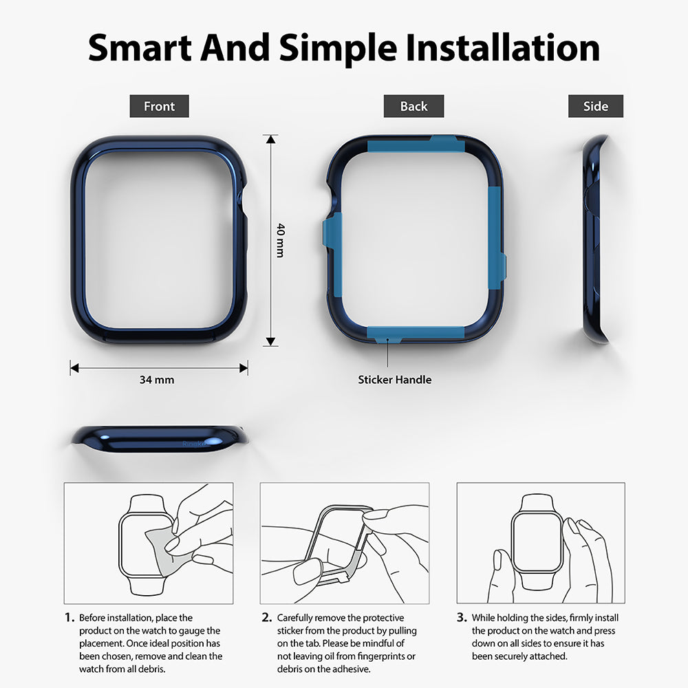 Apple Watch Series 6 / 5 / 4 / SE (40mm) | Bezel Styling - Diagrams showing bezel dimensions and installation steps.