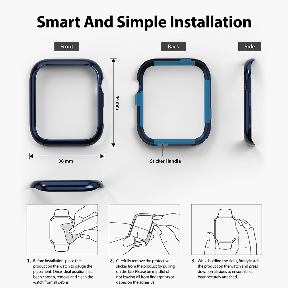 Apple Watch Series 6 / 5 / 4 / SE (44mm) | Bezel Styling - Diagrams showing dimensions and three-step installation guide.