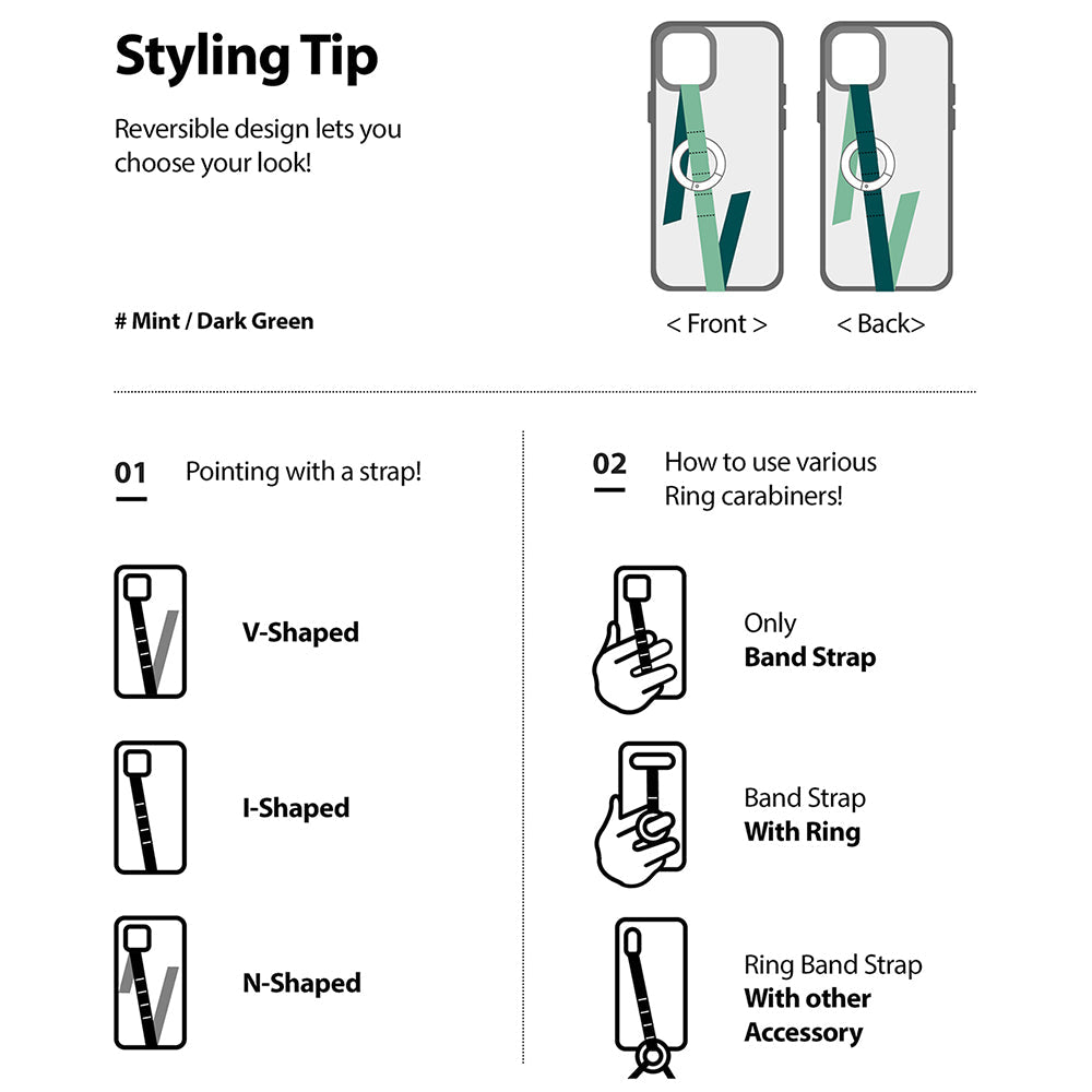 Ring Band Strap - Infographic showing reversible mint and dark green phone strap styles, configurations, and usage methods.