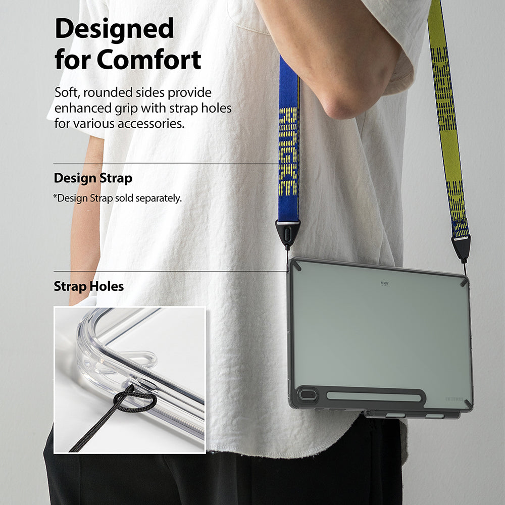 Galaxy Tab S7 FE Case | Fusion - Tablet in a clear case worn with a colorful shoulder strap, showing corner strap holes.