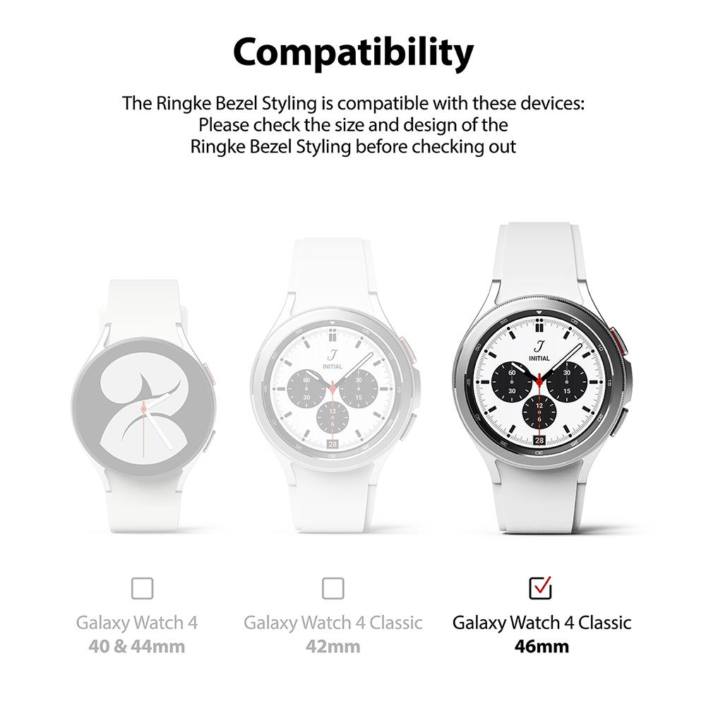 Galaxy Watch 4 Classic 46mm | Bezel Styling - Three white smartwatches showing compatibility, with the 46mm model highlighted.