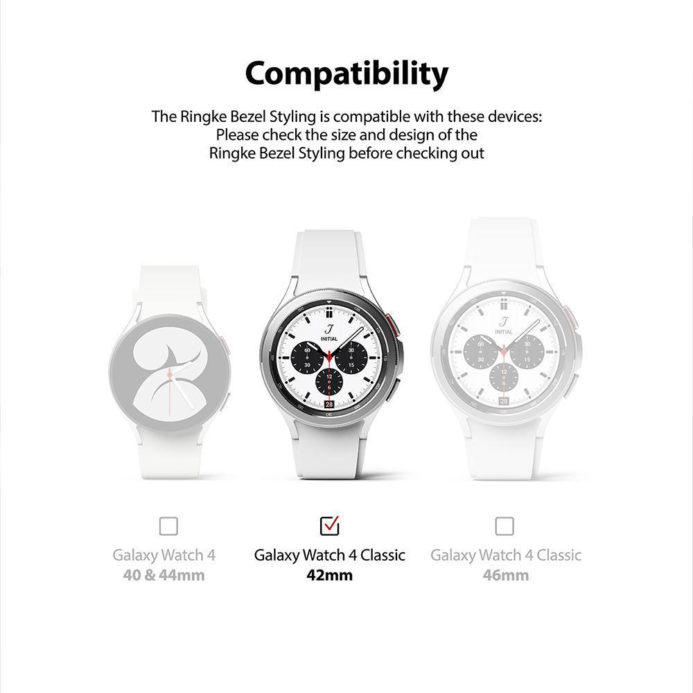 Galaxy Watch 4 Classic 42mm | Bezel Styling - Three smartwatches shown with a checkmark on the 42mm model for compatibility.
