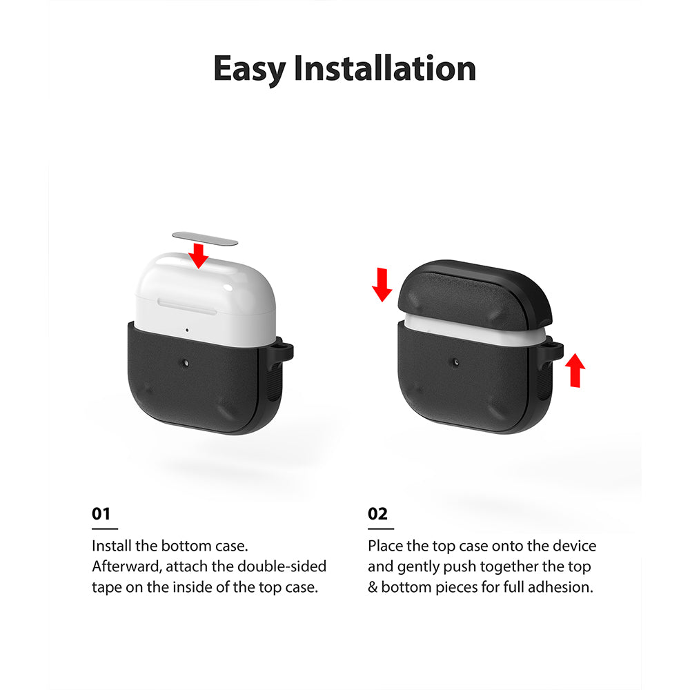 AirPods 3 Case | Onyx - Two-step installation guide showing a black protective case being applied to white AirPods.