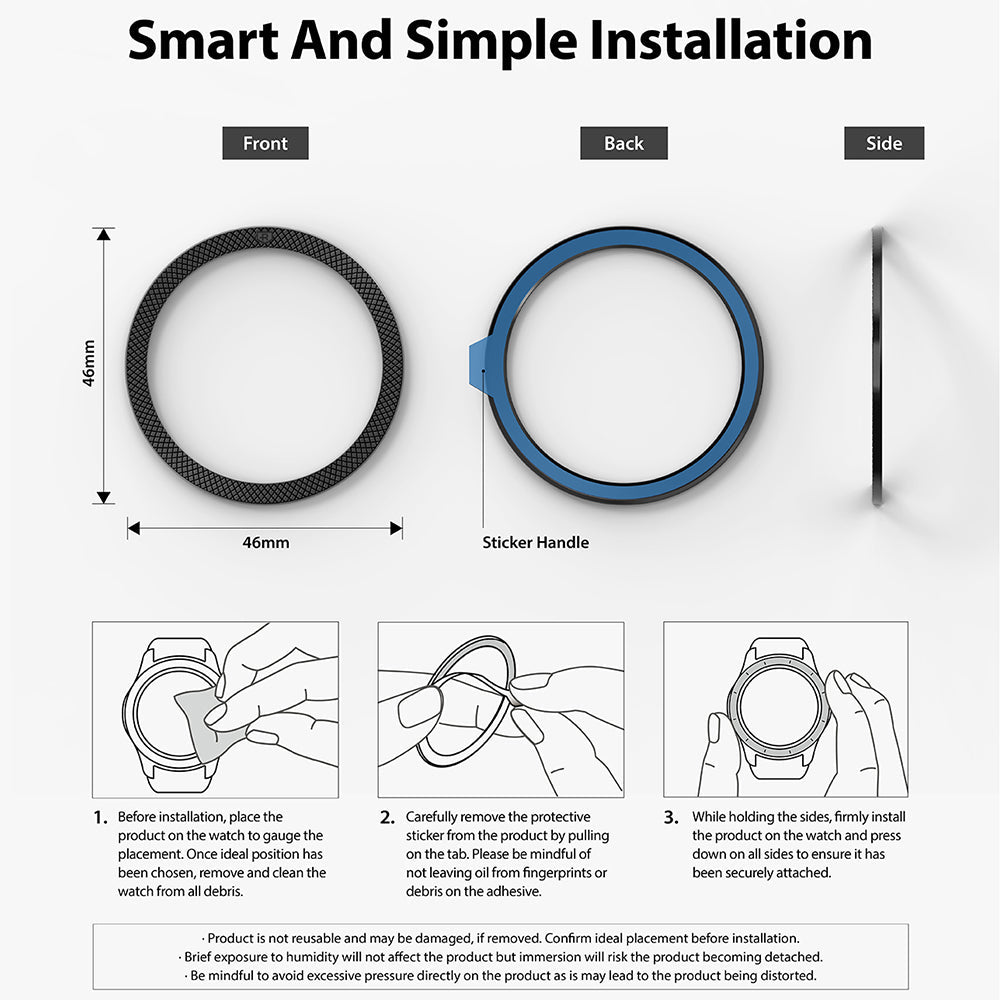 Galaxy Watch 4 Classic 46mm | Bezel Styling - Galaxy Watch 4 Classic 46mm | Bezel styling ring showing front, back, and side views with three-step installation guide.