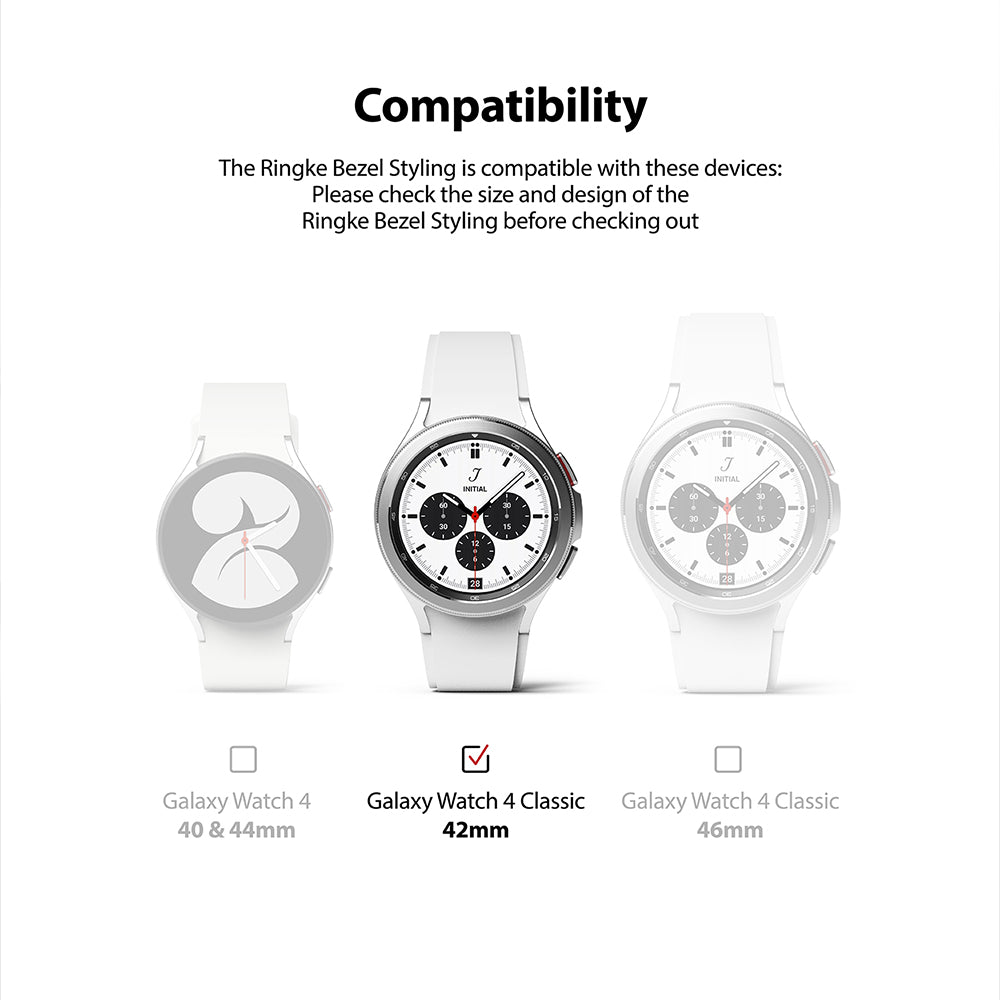 Galaxy Watch 4 Classic 42mm | Bezel Styling - Three white smartwatches shown, with the 42mm model highlighted as compatible.