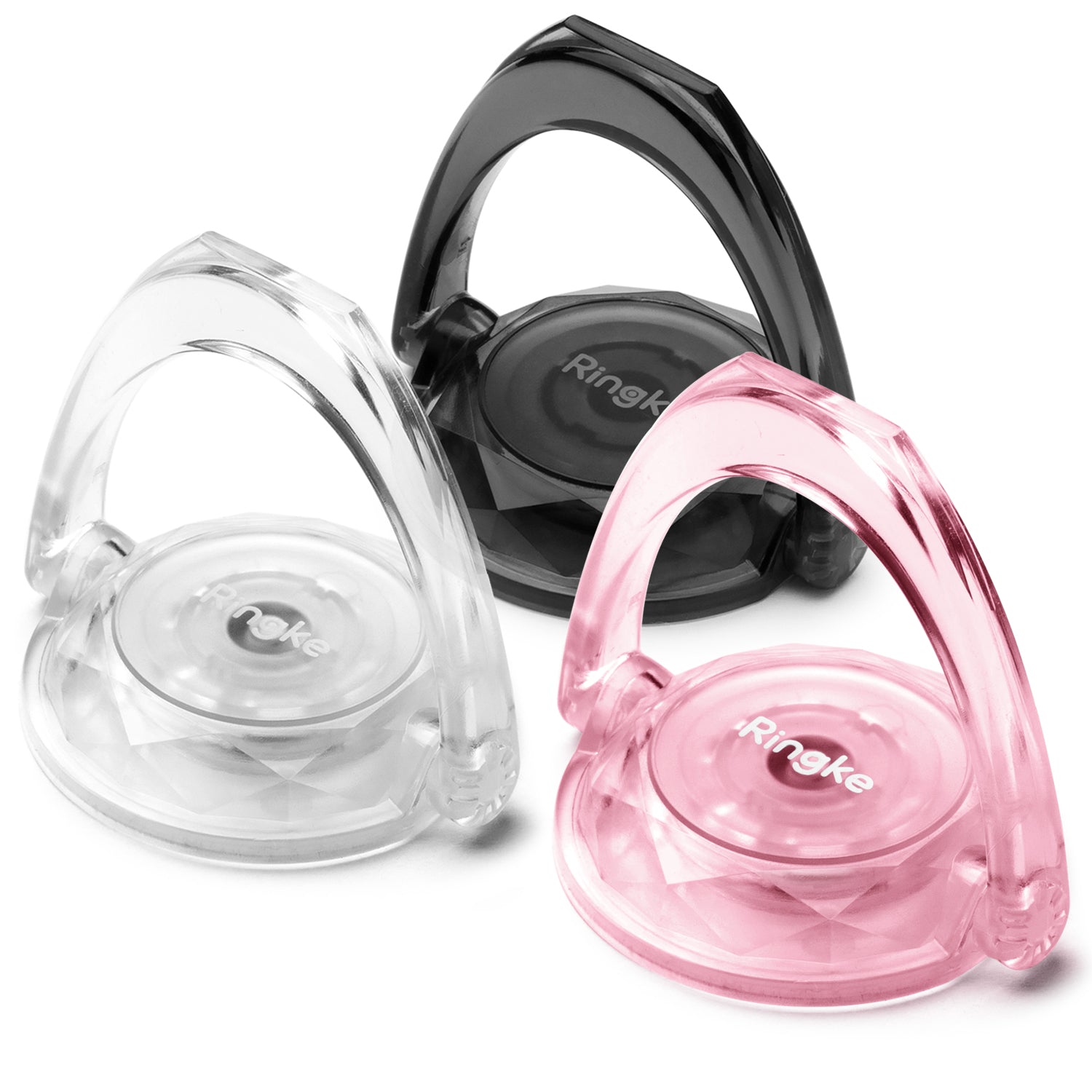 Prism Ring - Three translucent Ringke phone ring holders in clear, black, and pink with faceted, diamond-cut bases.