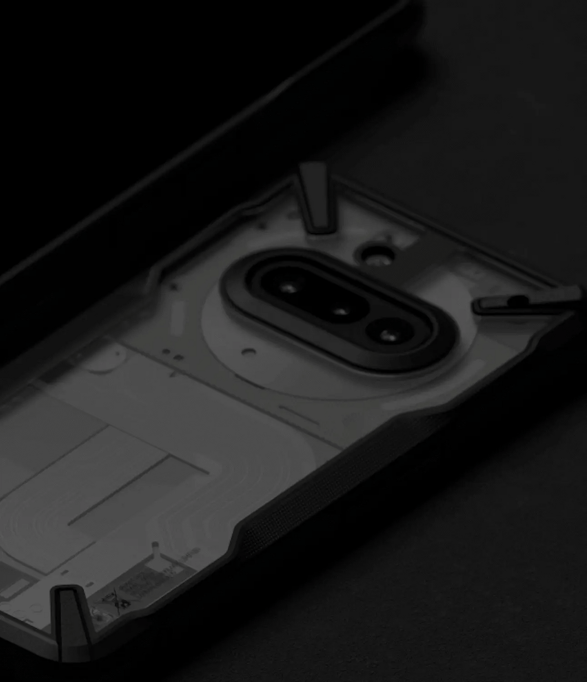 Nothing Phone (3a) Case | Fusion-X - A dark, protective phone case with a transparent back revealing internal components.