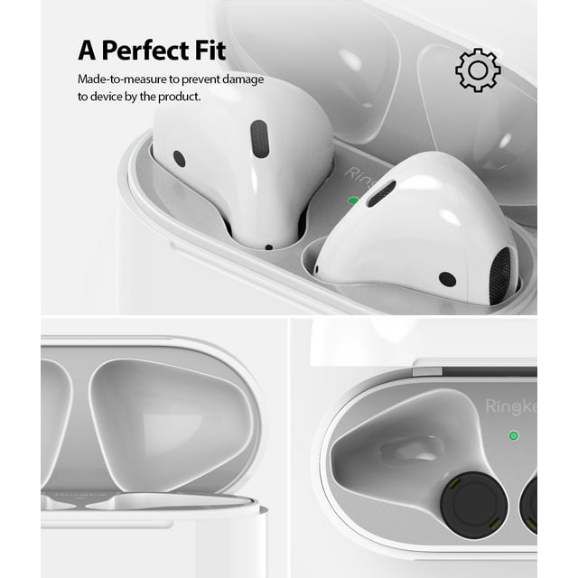 Ringke Airpods 2 / 1 Dust Guard Sticker - AirPods in a charging case with a metallic dust guard sticker applied.