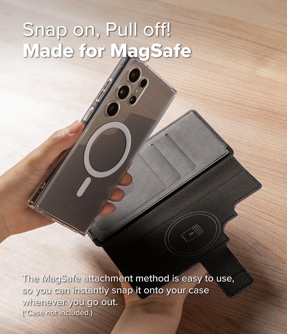 Galaxy S25 Ultra Cover | Folio Grip Wallet Magnetic - A hand attaching a magnetic black folio wallet to a clear phone case.