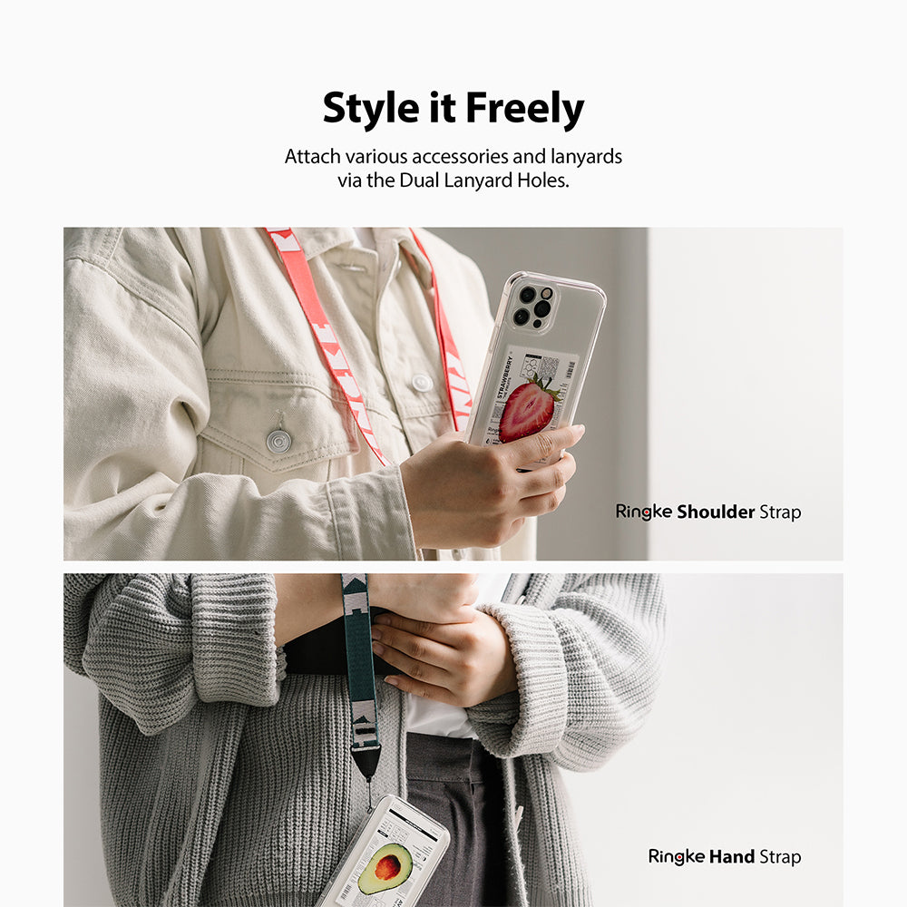 iPhone 12 Pro Max Case | Fusion Design Fruit - Person using phone cases with strawberry and avocado designs and lanyards.