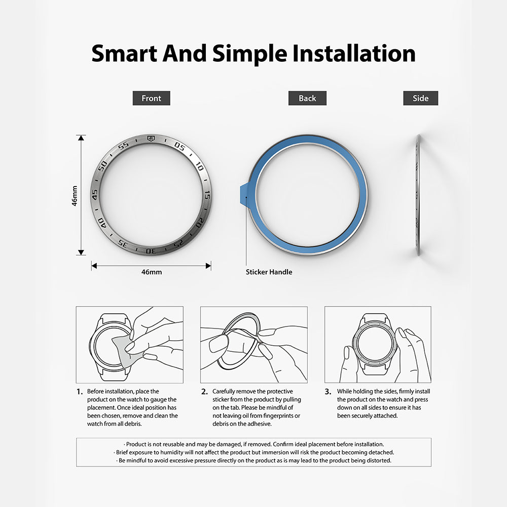 Galaxy Watch 4 Classic 46mm | Bezel Styling - Galaxy Watch 4 Classic 46mm - Three-step installation guide for a watch bezel styling ring with front, back, and side views.