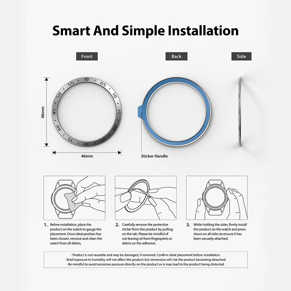Galaxy Watch 4 Classic 46mm | Bezel Styling - Galaxy Watch 4 Classic 46mm | Three-step installation guide for a watch bezel styling accessory with diagrams and text.
