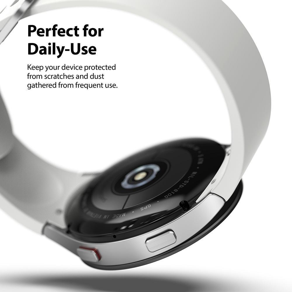 Galaxy Watch 5/4 40mm | Bezel Styling - Close-up of a white smartwatch with a silver bezel protector against a white background.