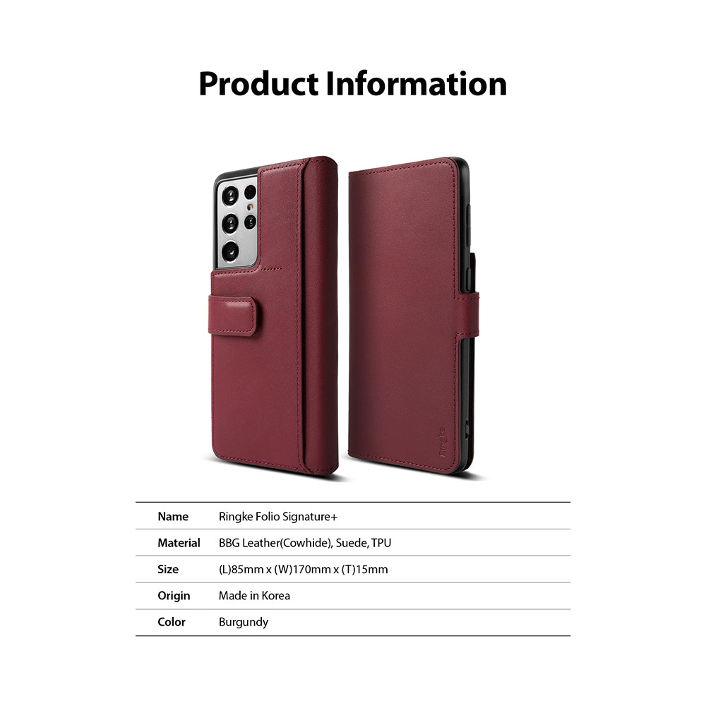 Galaxy S21 Ultra Case | Folio Signature+ - Burgundy leather folio case for Galaxy S21 Ultra with product specs table.