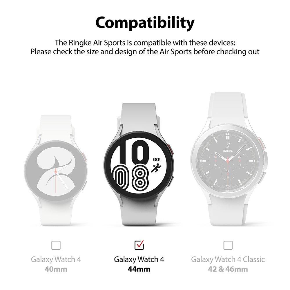 Galaxy Watch 4 (44mm) Case | Air Sports - Compatibility chart showing three watch models with the 44mm version selected.