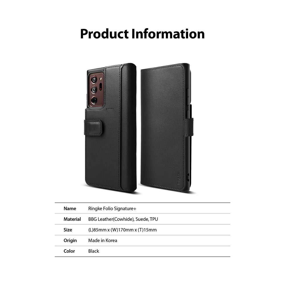 Galaxy Note 20 Ultra Case | Folio Signature+ - Black leather folio case for Galaxy Note 20 Ultra with product specs.