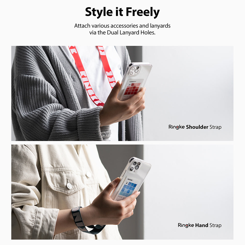 iPhone 12 / 12 Pro Case | Fusion Design Palette - Hands holding phones with red shoulder strap and blue hand strap.