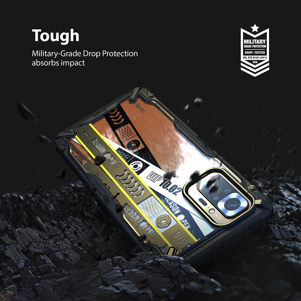Redmi Note 10 Pro / 10 Pro Max Case | Fusion-X Design - Redmi Note 10 Pro / 10 Pro Max Case - Fusion-X phone case with cassette tape design on a dark, rocky background.