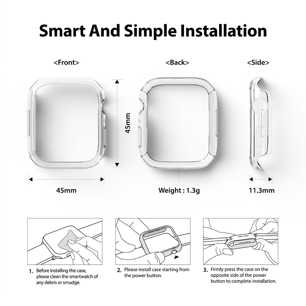 Apple Watch 9 / 8 / 7 (45mm) Case | Slim - Diagrams showing dimensions and three-step installation guide for a clear watch case.
