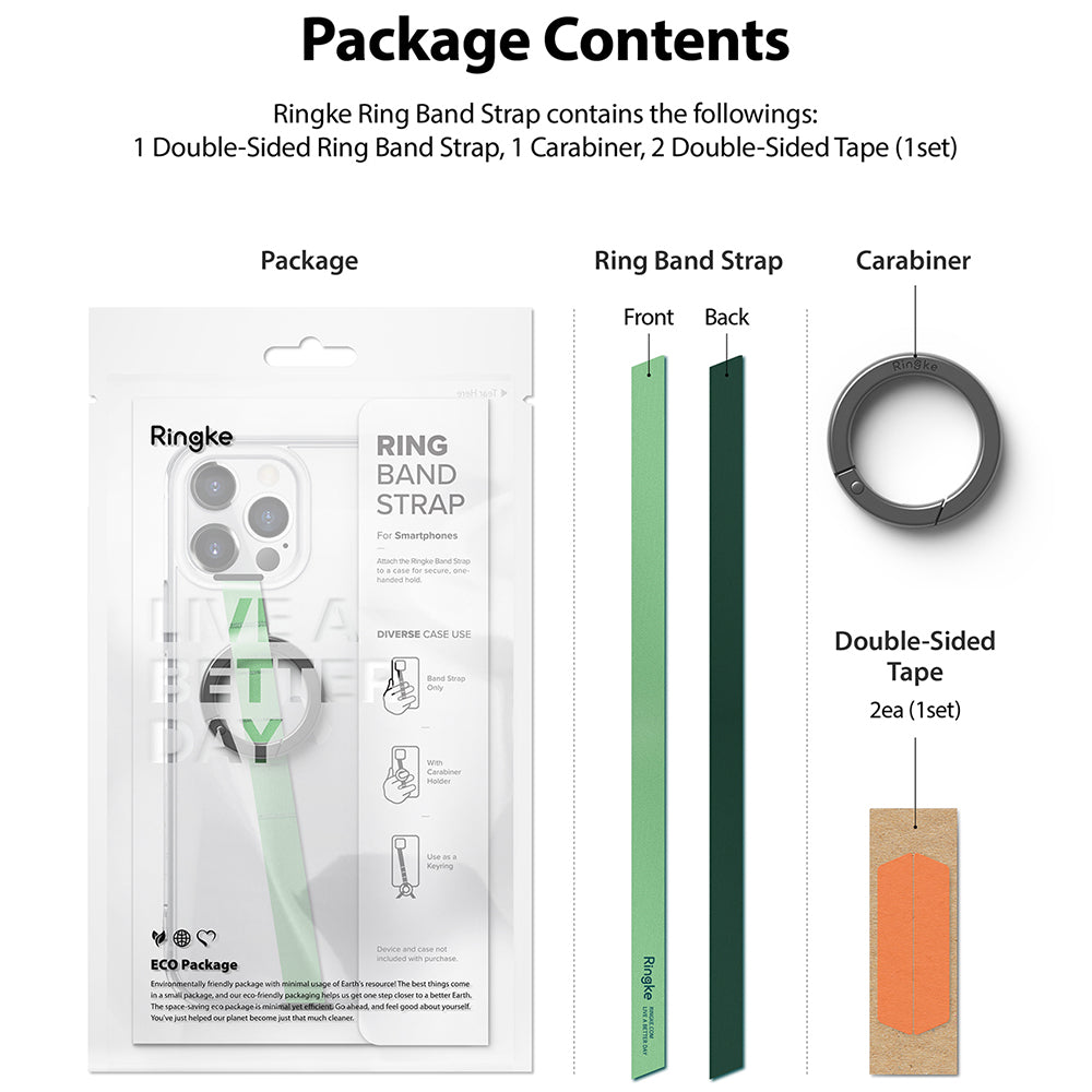 Ring Band Strap - Package contents showing a strap, carabiner, and double-sided tape with product packaging.