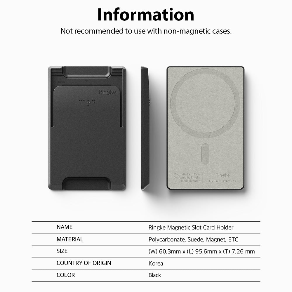 Card Holder | Magnetic Slot - Front, side, and back views of a black magnetic card holder with product specifications below.