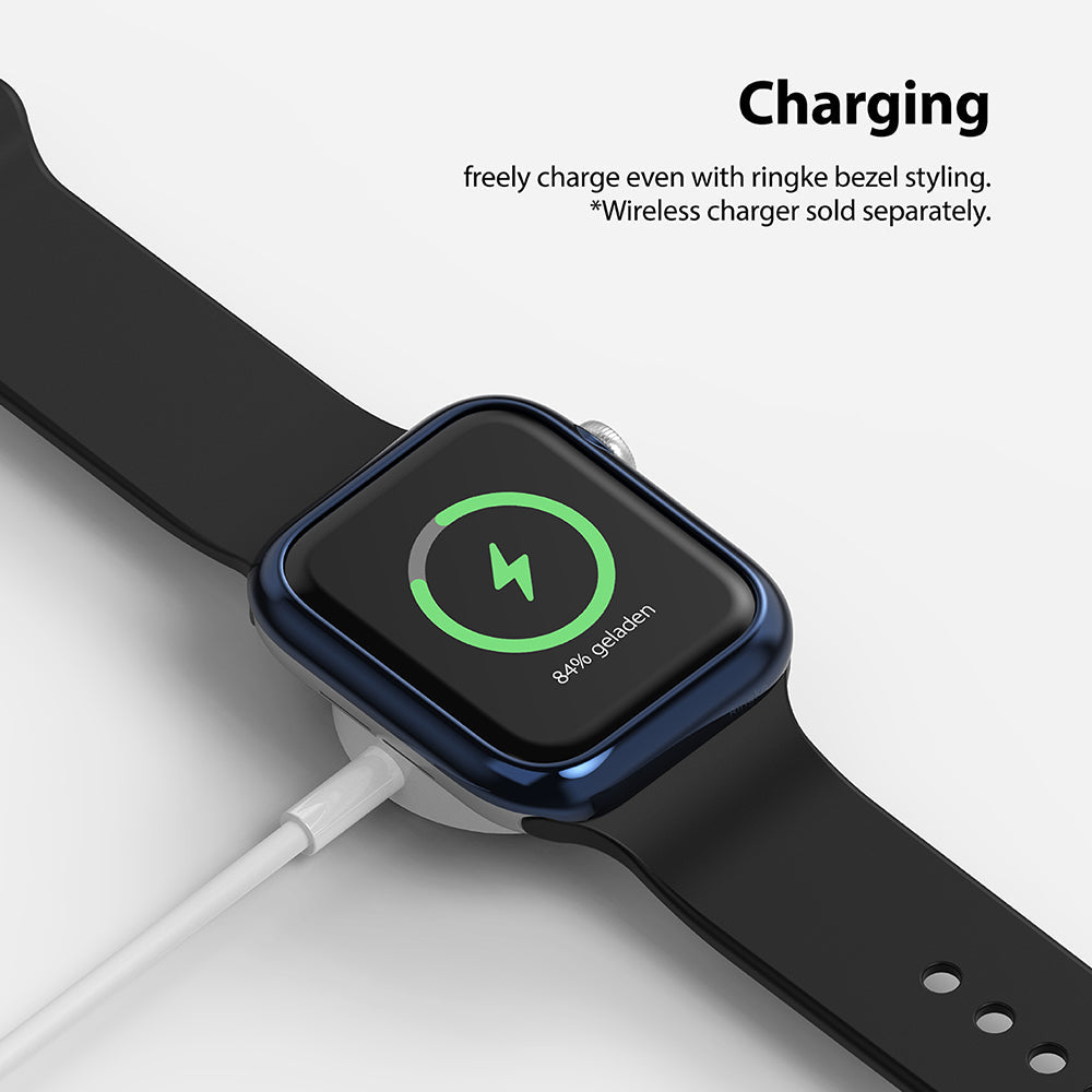Apple Watch Series 6 / 5 / 4 / SE (40mm) | Bezel Styling - Apple Watch with blue bezel styling charging on a wireless pad.
