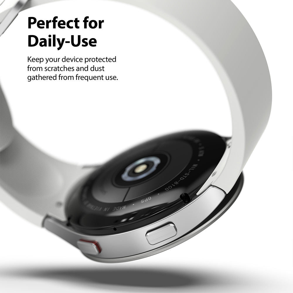 Galaxy Watch 5/4 40mm | Bezel Styling - Close-up of a silver smartwatch case with a white band, highlighting its protective design.