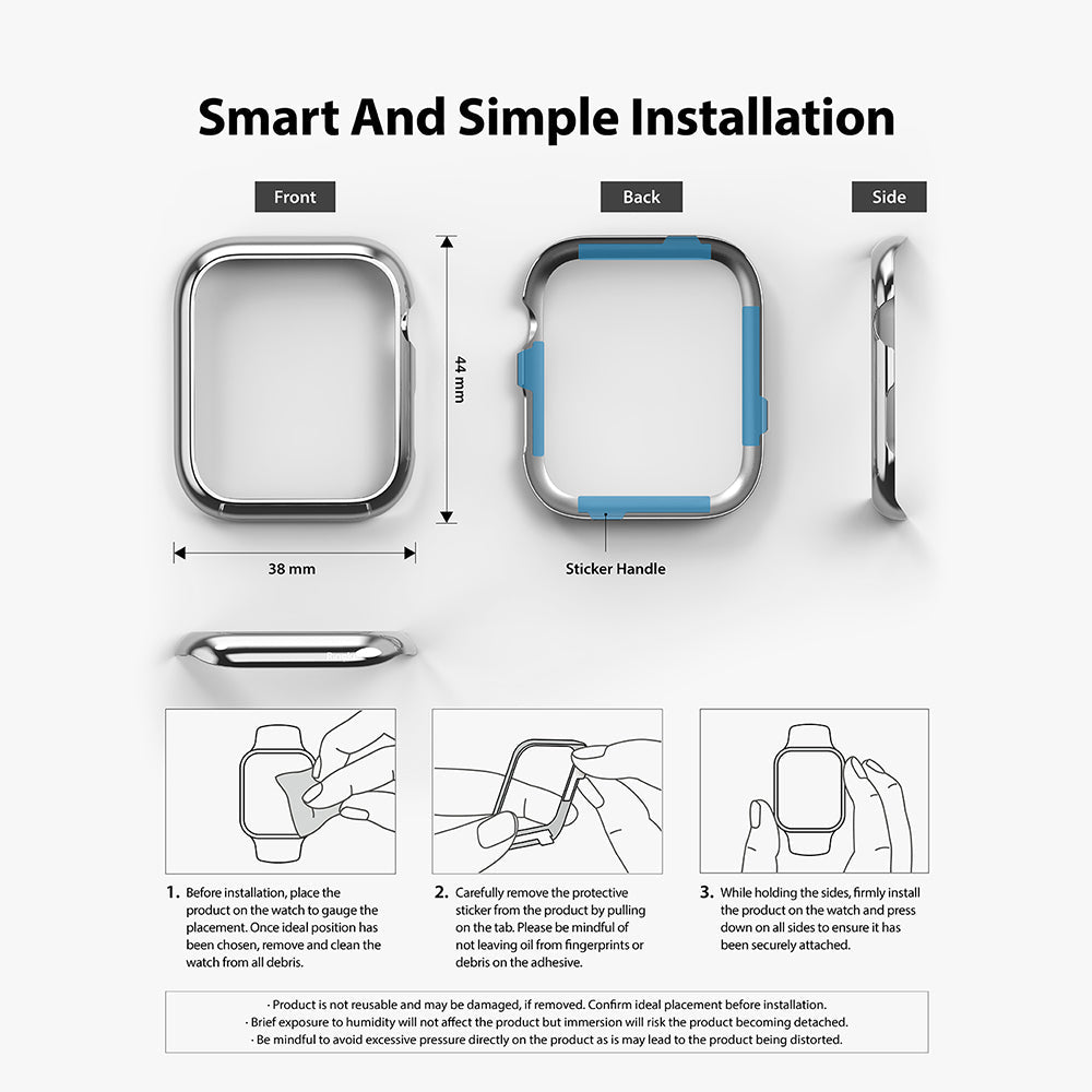 Apple Watch Series 6 / 5 / 4 / SE (44mm) | Bezel Styling - Installation guide showing front, back, and side views.