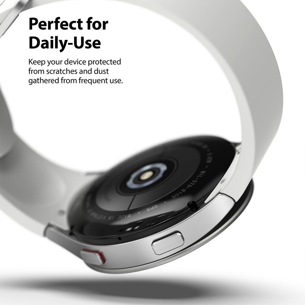 Galaxy Watch 5/4 40mm | Bezel Styling - Silver smartwatch bezel protector on a white watch with text about daily protection.