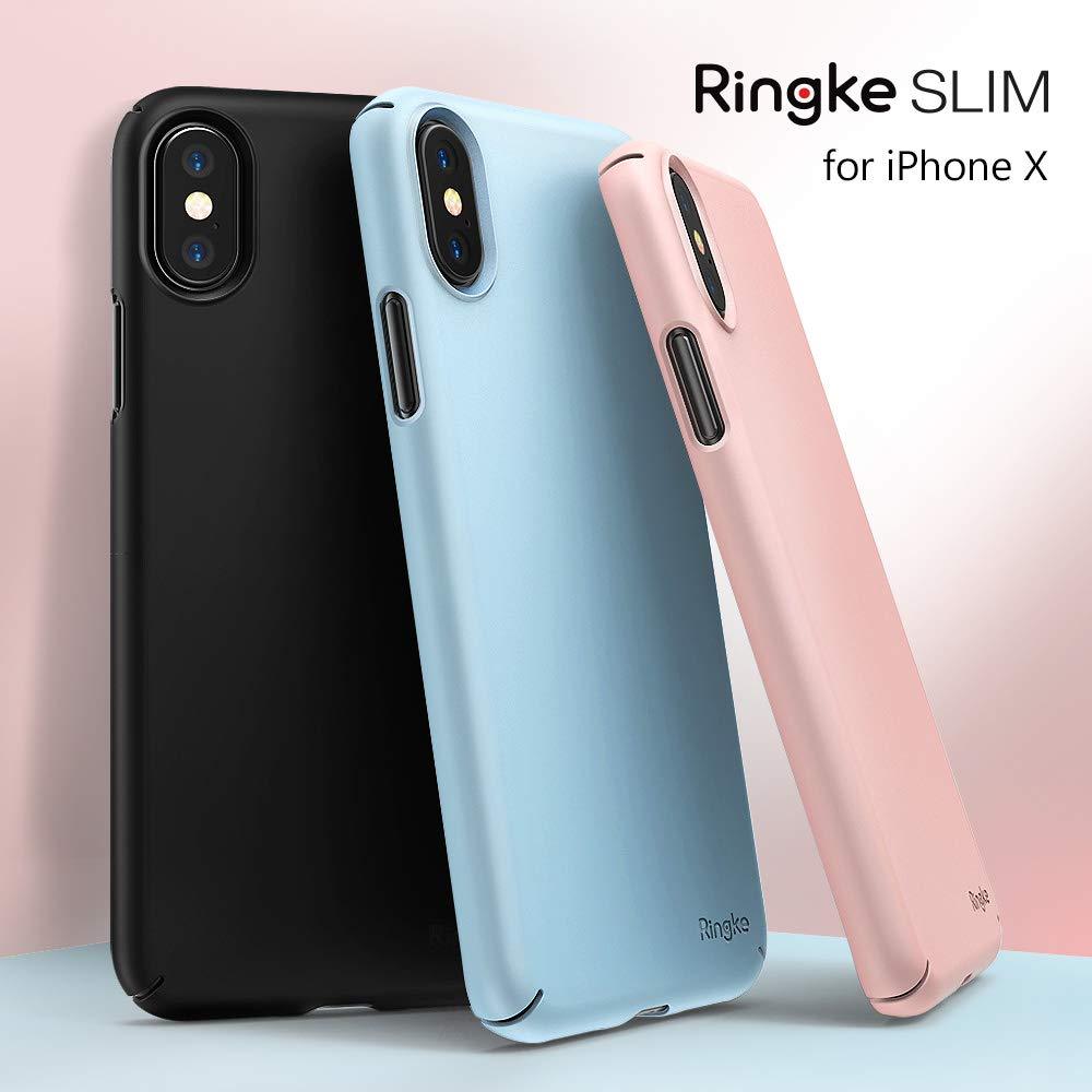 iPhone X Case | Slim + Slot Card Holder - Three slim Ringke phone cases in black, light blue, and pink standing upright.