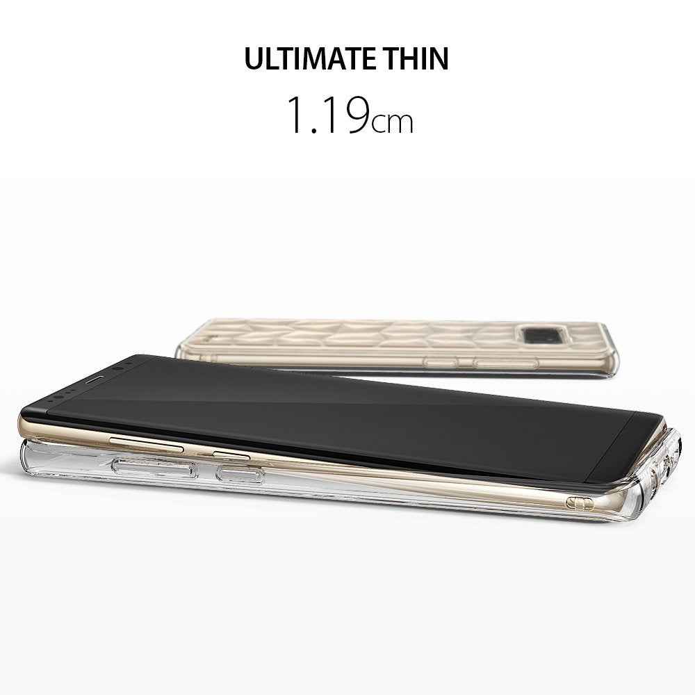 Galaxy Note 8 Case | Air Prism - A Galaxy Note 8 in a thin, clear geometric-patterned case shown from front and back angles.