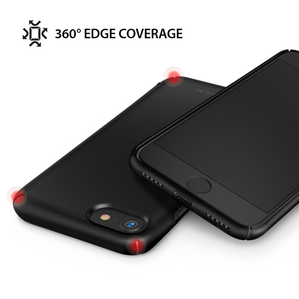 iPhone 8 / 7 Case | Slim - Matte black phone case showing 360-degree edge coverage with red highlights on corners.