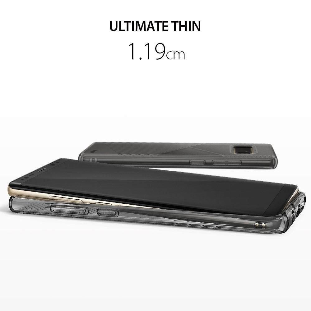 Galaxy Note 8 Case | Bevel - A slim, transparent Galaxy Note 8 case shown from side and back angles with text Ultimate Thin 1.19cm.