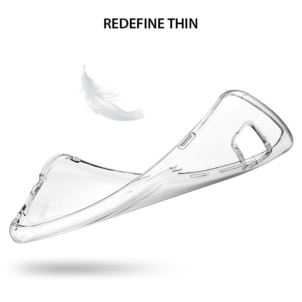 Galaxy S8 Case | Air - A clear, ultra-thin phone case floating next to a white feather against a white background.