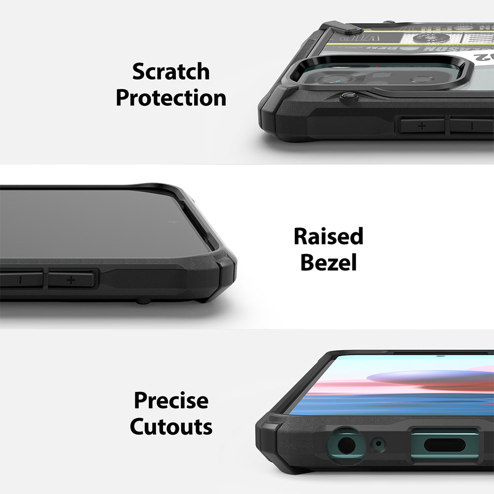 Redmi Note 10 / 10s Case | Fusion-X Design - Close-ups showing camera scratch protection, raised screen bezel, and precise port cutouts.