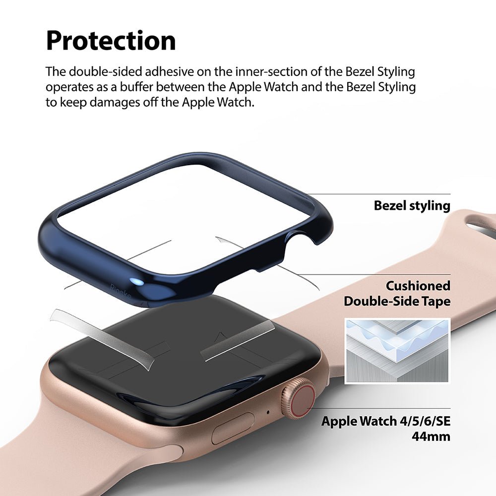 Apple Watch Series 6 / 5 / 4 / SE (44mm) | Bezel Styling - Exploded view showing a protective bezel hovering over an Apple Watch with adhesive tape details.
