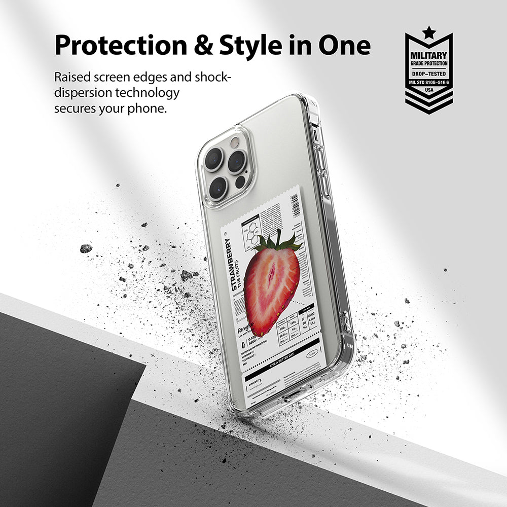 iPhone 12 Pro Max Case | Fusion Design Fruit - Clear phone case with a strawberry nutrition label graphic design.