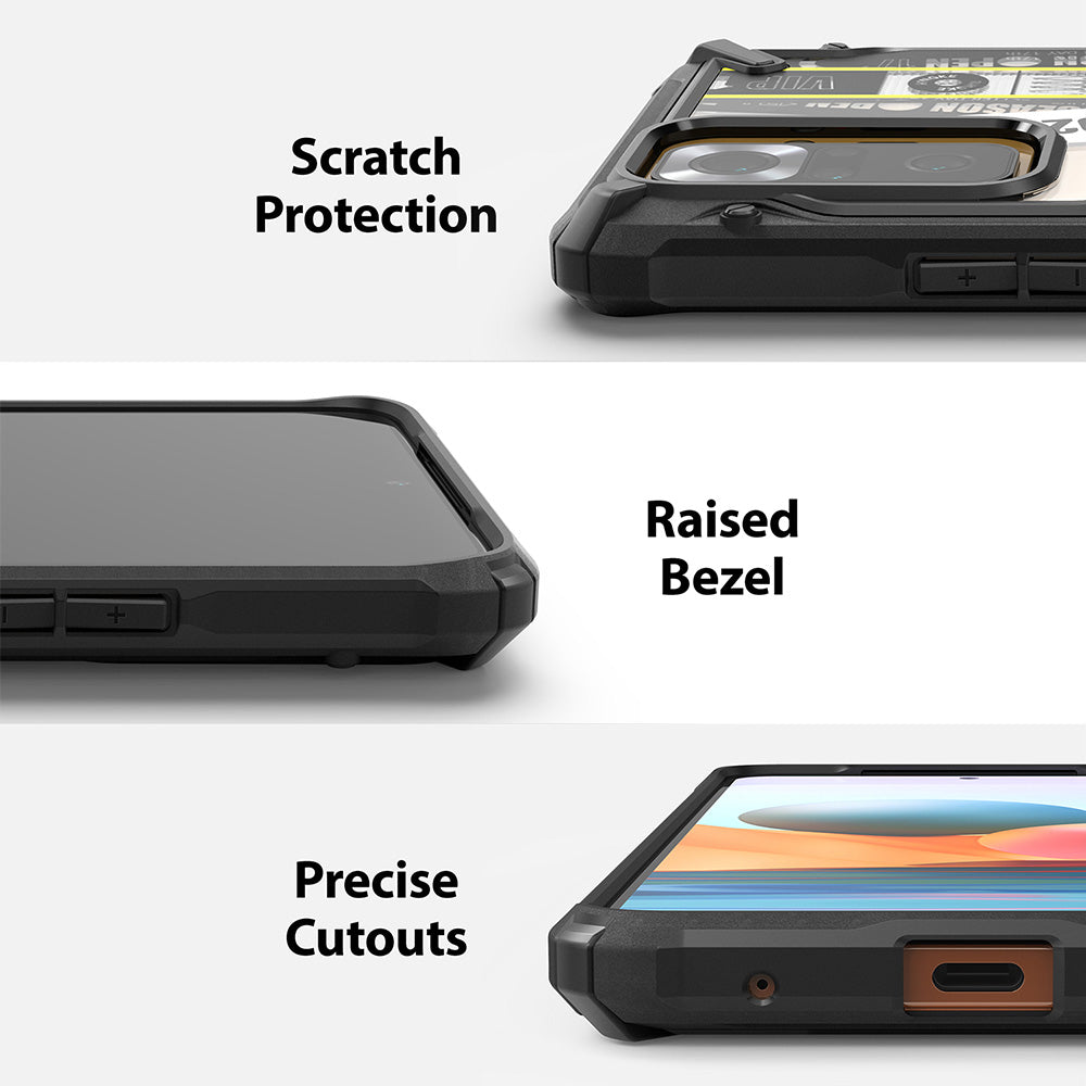 Redmi Note 10 Pro / 10 Pro Max Case | Fusion-X Design - Redmi Note 10 Pro / 10 Pro Max Case - Three panels showing phone case features: scratch protection, raised bezel, and precise cutouts.
