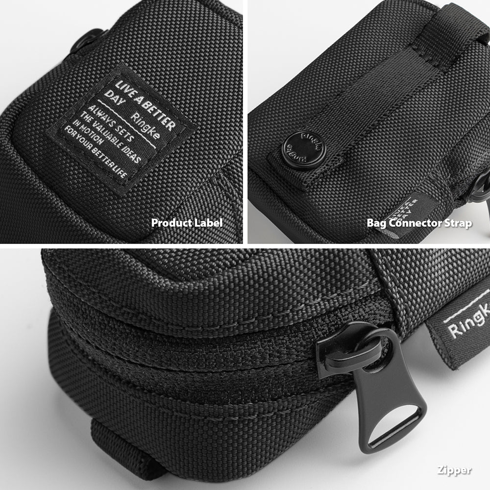 Mini Pouch | Block - Close-up views of a black textured pouch showing a branded fabric label, connector strap, and zipper.